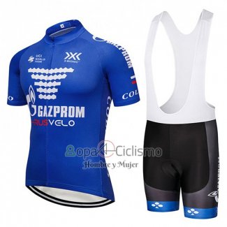 Gazprom Rusvelo Ropa Ciclismo Culotte Corto 2018 Hombre Mangas Cortas Azul y Blanco