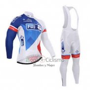 Fdj Ropa Ciclismo Culotte Largo 2015 Mangas Largas Blanco y Azul