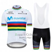 Uci Mondo Campione Movistar Ropa Ciclismo Culotte Corto 2019 Hombre Mangas Cortas Blanco Blu